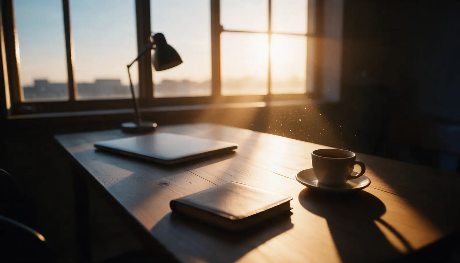 A cleared desk at sunrise with a closed laptop, a notebook and a cup of coffee.