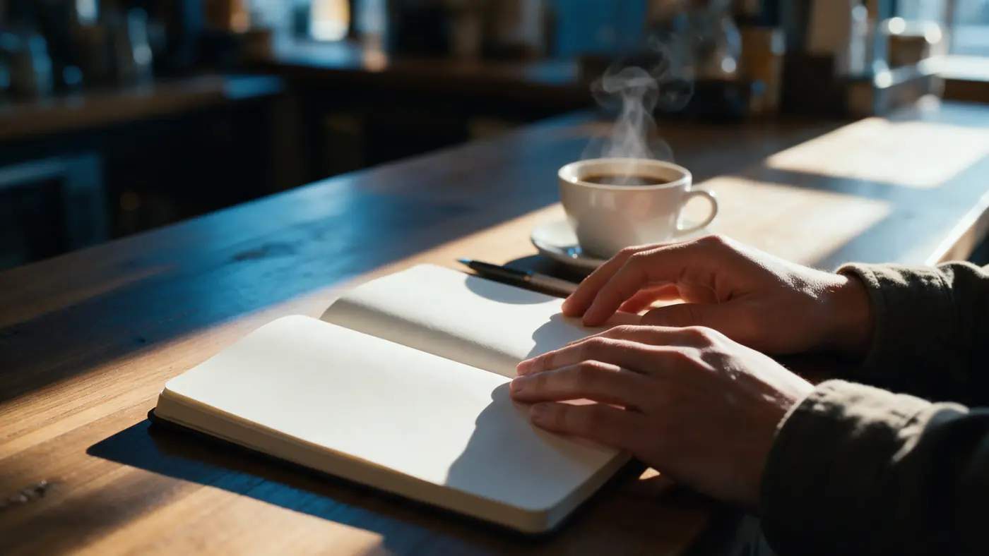 An open notebook with blank pages on a wooden shop counter at sunrise, beside a cup of coffee.