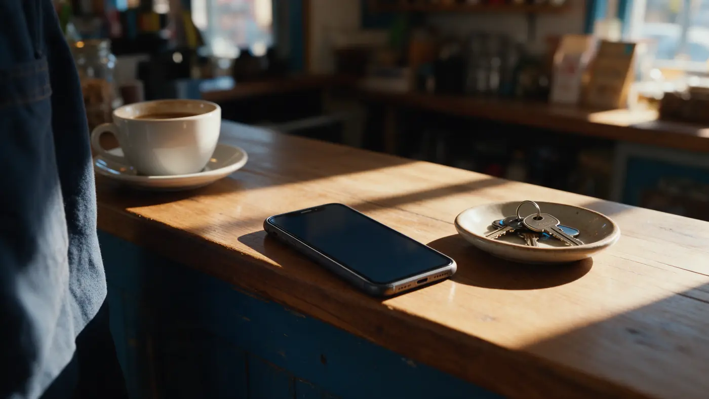 A phone lying on a wooden shop counter in morning light, next to a coffee and a dish of keys.